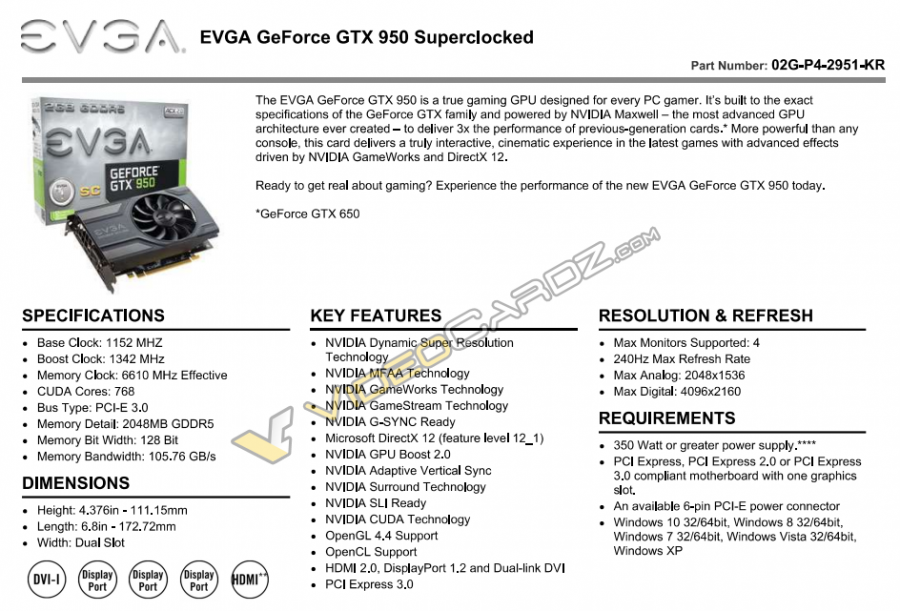 EVGA GTX950 SC Minidatasheet