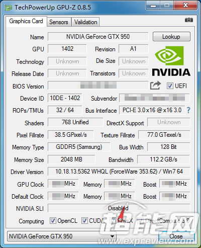 NVIDIA GeForce GTX 950 GPUZ Specifications