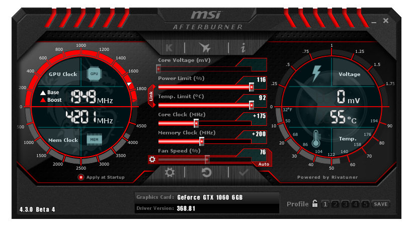 MSI GTX 1060 6G TOC Afterburner overclocking