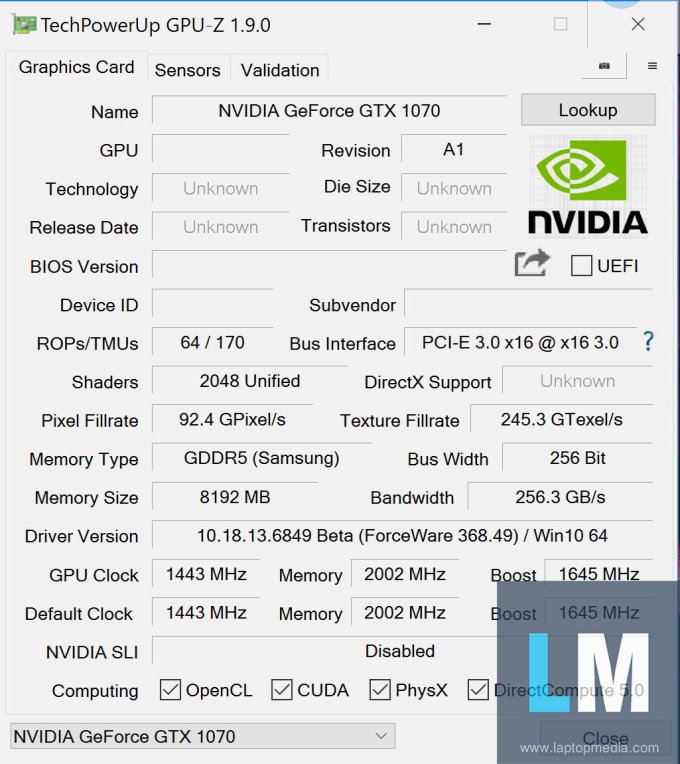 NVIDIA GeForce GTX 1070 GPUZ Specs
