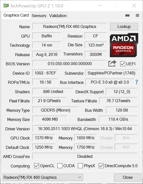 SAPPHIRE Radeon RX 460 NITRO 4GB oc