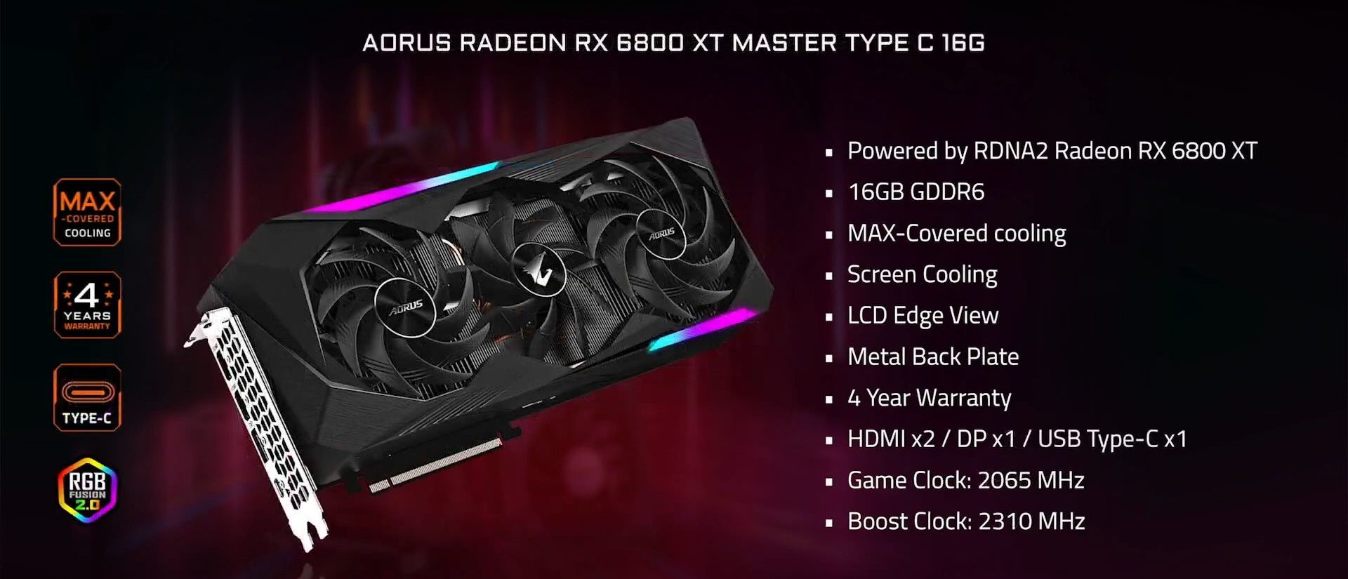 AORUS AMD Radeon RX 6800 XT Master Type C 16G Graphics Card, 16GB