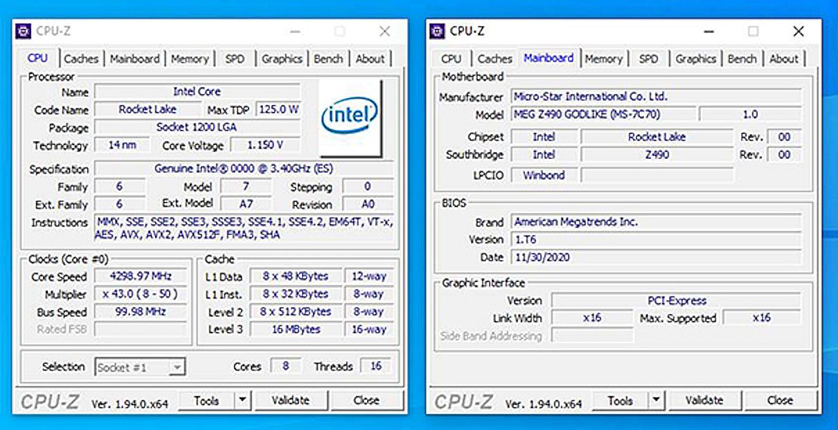 MSI mistakenly reveals 8-core/16-thread Intel Rocket Lake-S CPU-Z  specifications 