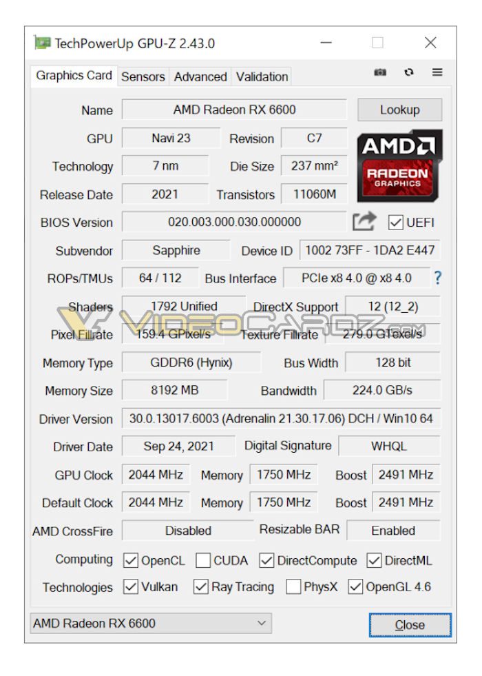 AMD Radeon RX 6600 14 Gbps memory confirmed through leaked GPU-Z 