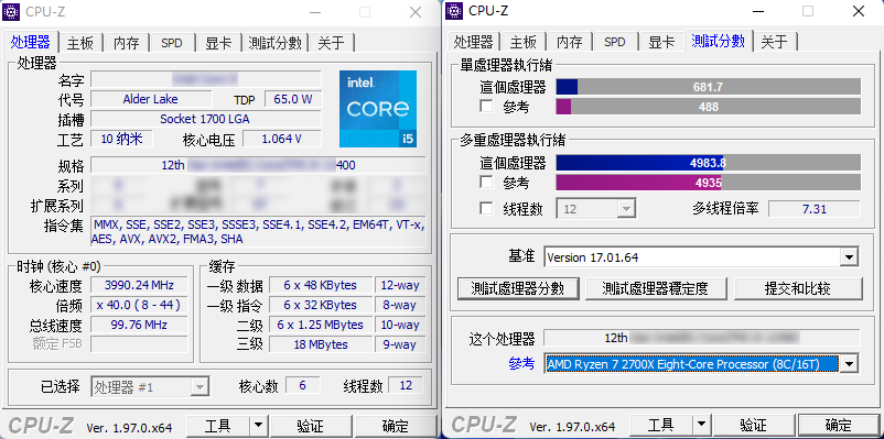 Intel Core i5-12400 six-core Alder Lake CPU tested in CPU-Z 