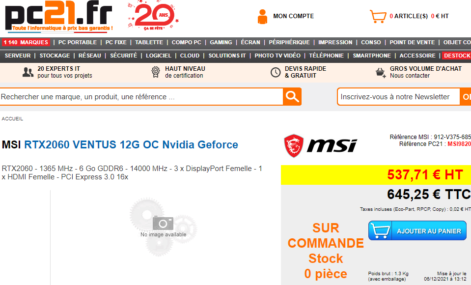 ظهور MSI GeForce RTX 2060 Ventus 12GB في فرنسا بسعر 528 يورو!