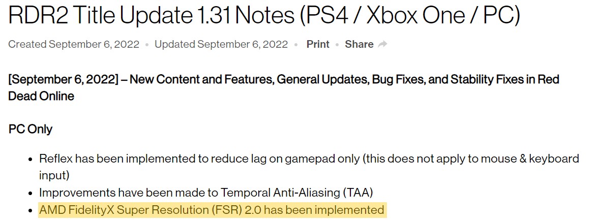 Red Dead Redemption 2 is the latest game to add FSR 2.0 support