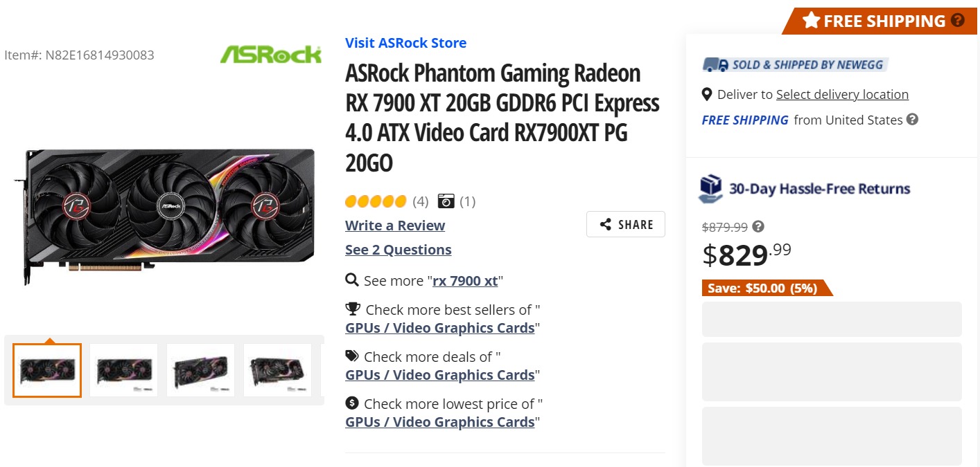 ASRock Phantom Gaming Radeon RX 7900 XT Video Card RX7900XT PG 20GO 