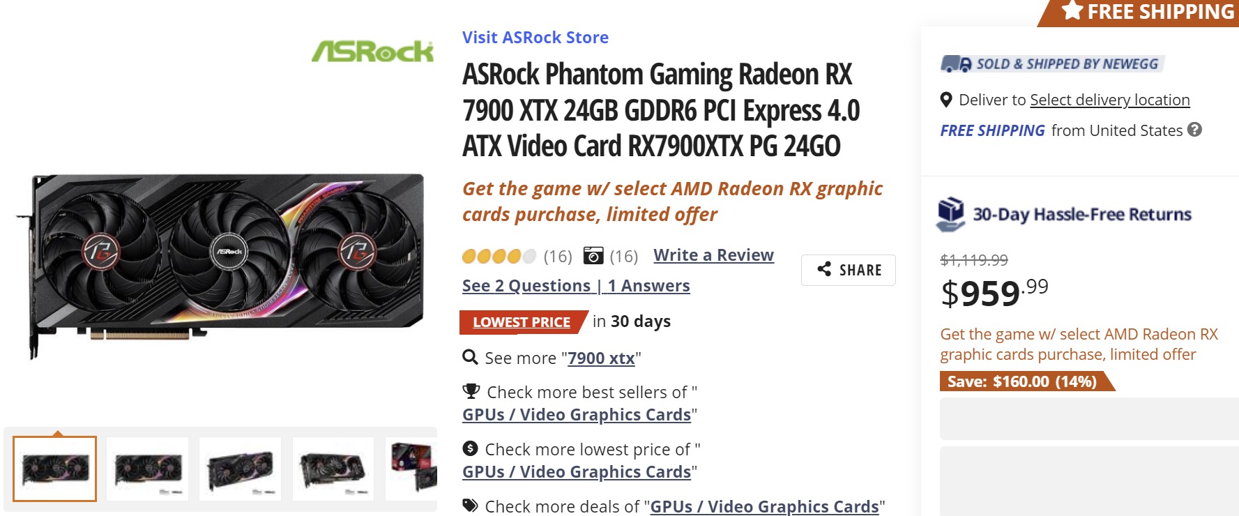 AMD ASRock Radeon RX 7900 XTX 24BG Graphics Card RX7900XTX - US
