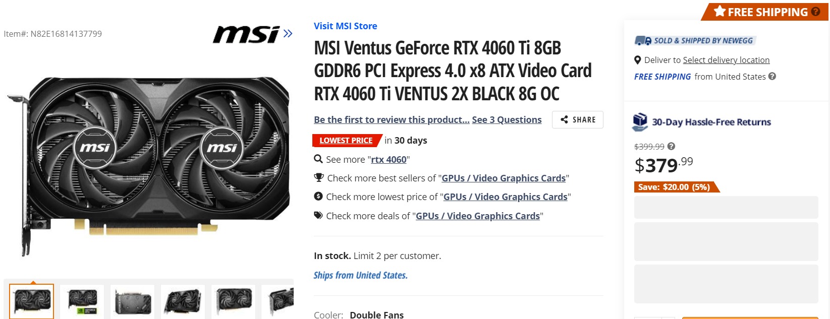 MSI Gaming GeForce RTX 4060 Ti 16GB GDDR6 PCI Express 4.0 x8 ATX